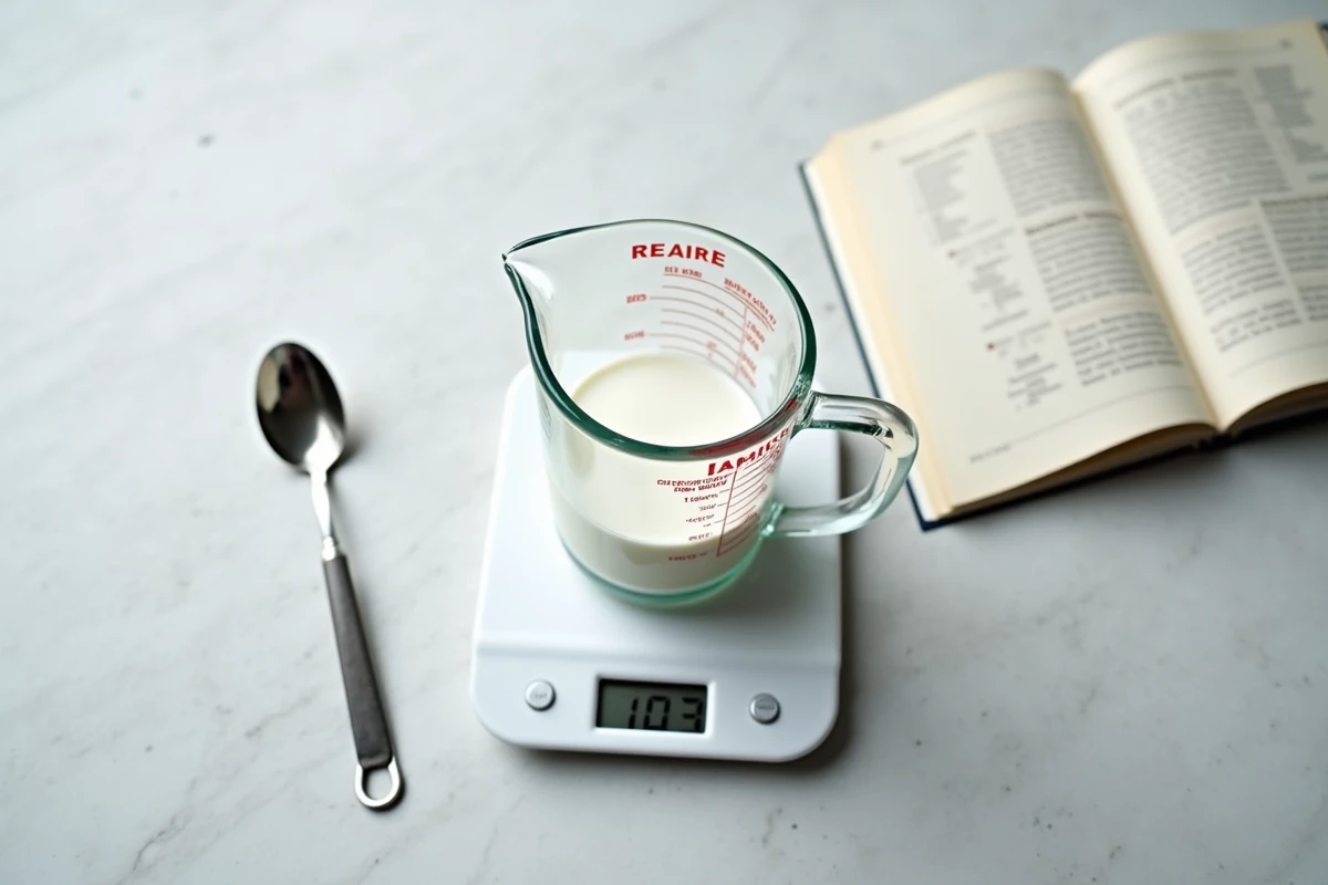 Vue de dessus d'un verre doseur rempli à 10 cl de lait posé sur une balance de cuisine numérique
