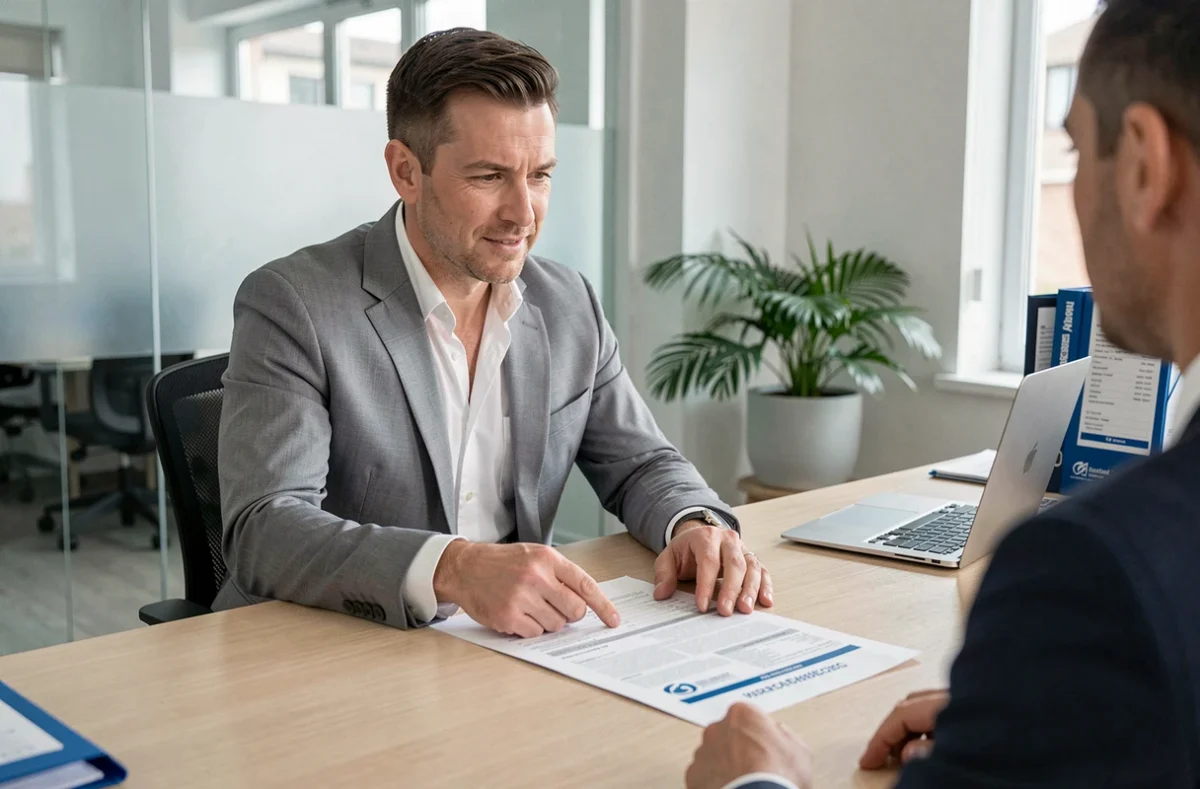 Agent d'assurance immobilière en costume expliquant les garanties d'un contrat à un client dans un bureau professionnel