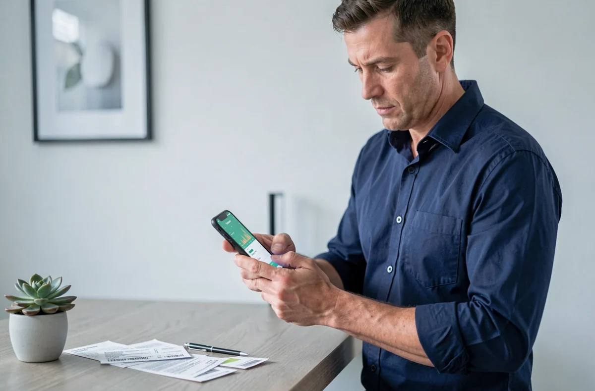 Homme d'une quarantaine d'années consultant une application de gestion financière personnelle sur son smartphone dans un bureau minimaliste à domicile
