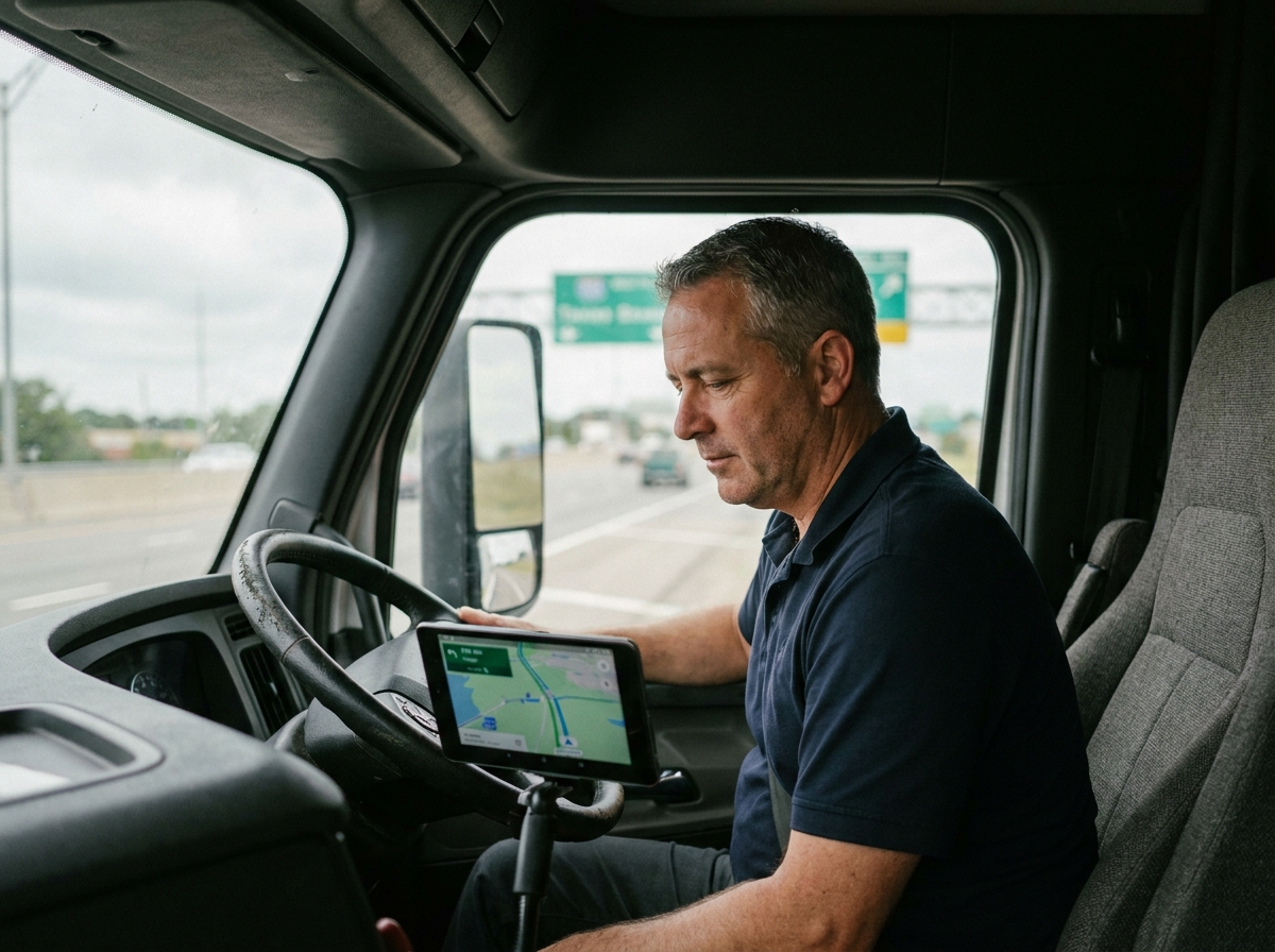 Chauffeur de camion professionnel consultant son GPS monté sur tableau de bord lors d'un trajet sur autoroute
