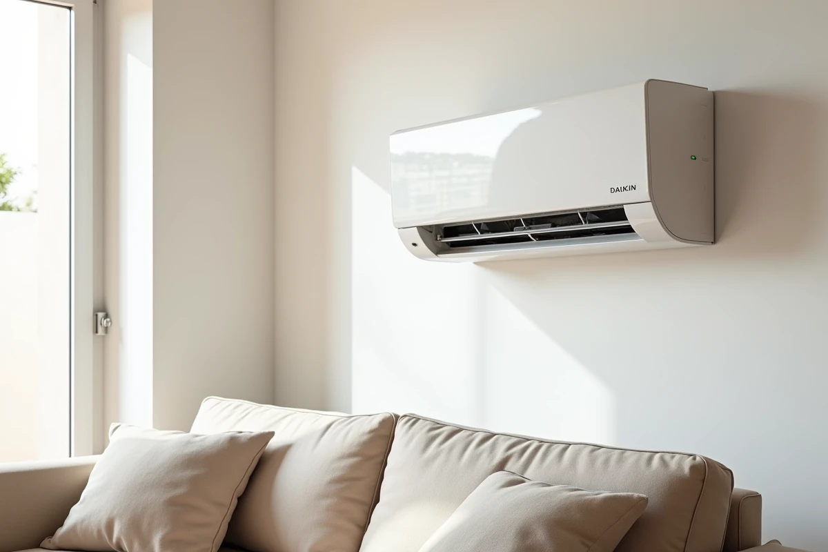 Climatisation Daikin murale installée dans un salon moderne de style méditerranéen à Montpellier