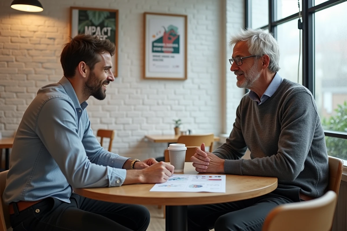 Coach d'affaires expérimenté guidant un jeune entrepreneur dans l'analyse d'un rapport d'impact responsable