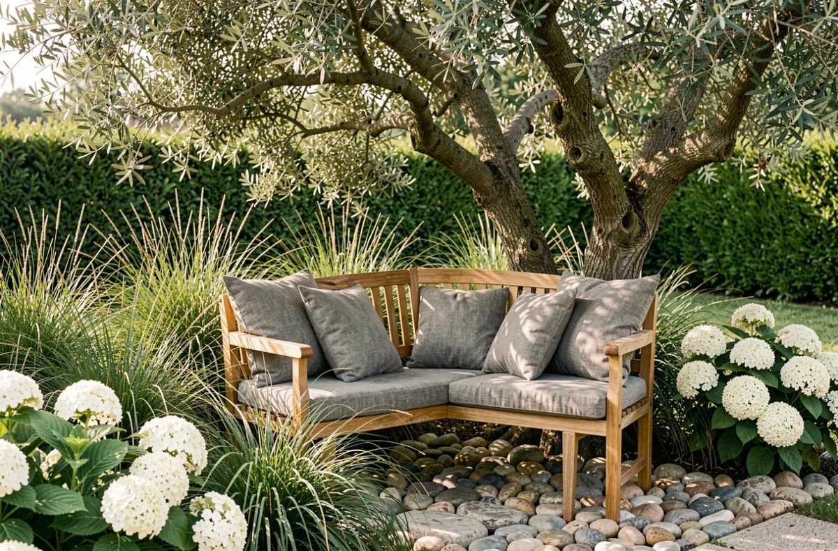 Coin de jardin apaisant avec un banc en teck sous un olivier, entouré d'hortensias blancs et de graminées ornementales
