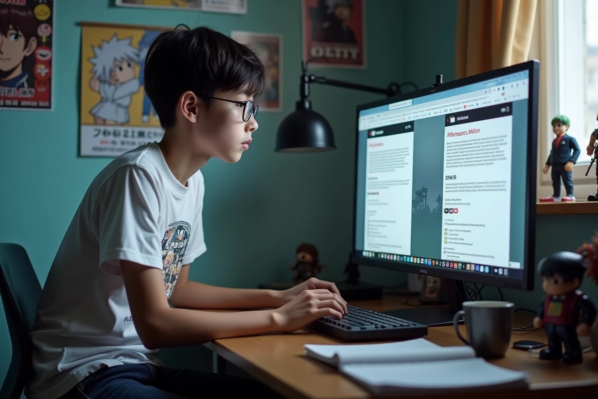 Adolescent configurant un VPN sur un ordinateur de bureau pour accéder à des sites de scans de manga bloqués