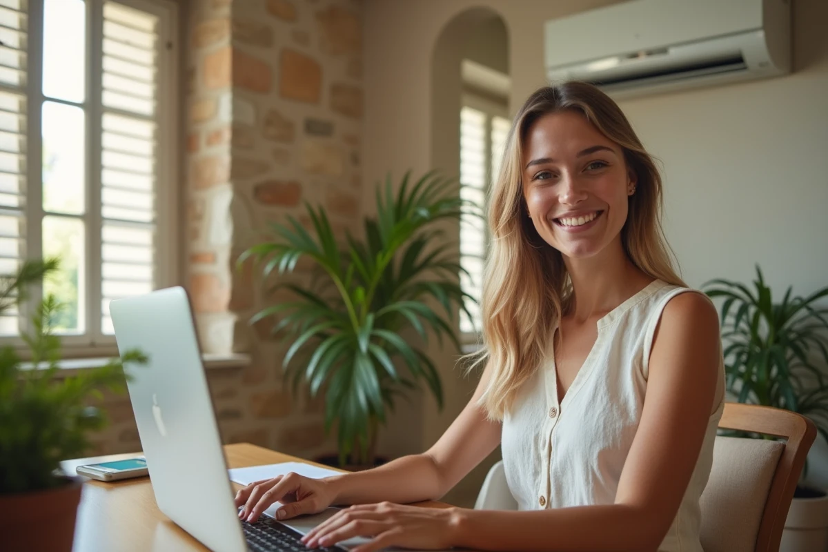 Femme travaillant confortablement chez elle grâce à une climatisation Daikin dans un appartement de Montpellier