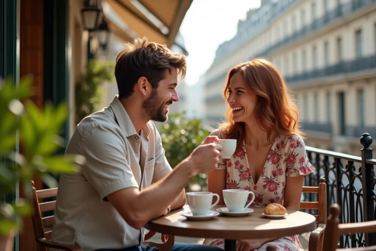 Couple Olivier Bossard et Alicia Dauby riant ensemble en terrasse de café à Paris lors d'une matinée détendue