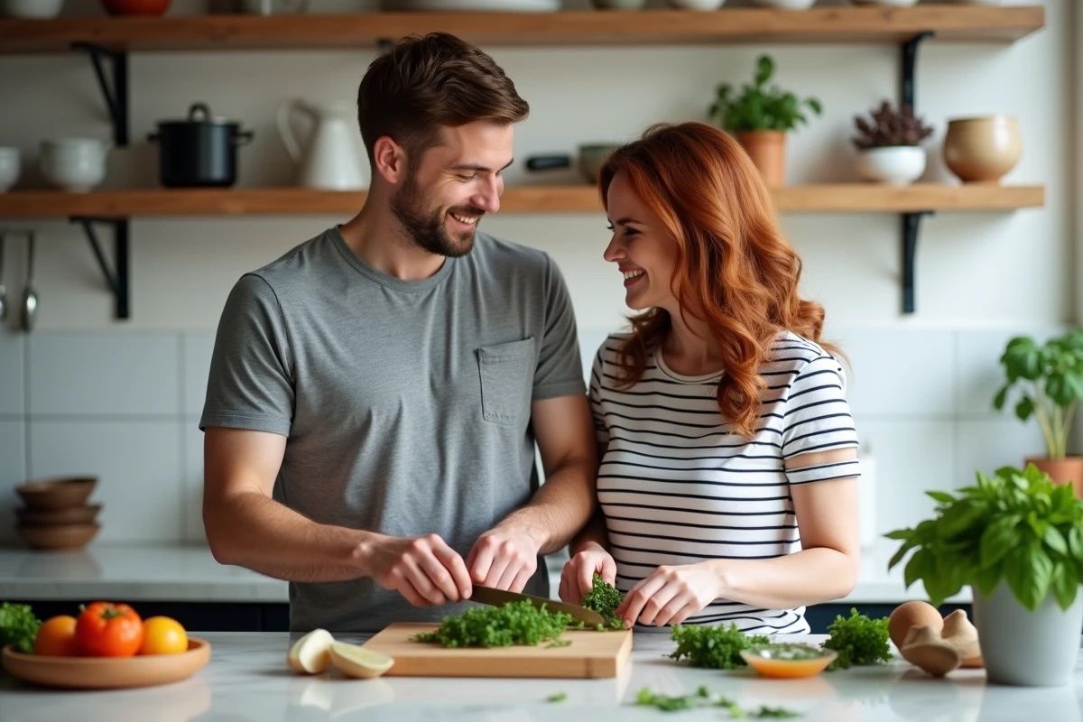 Couple Olivier Bossard et Alicia Dauby cuisinant ensemble dans leur cuisine moderne avec sourires complices et légumes frais