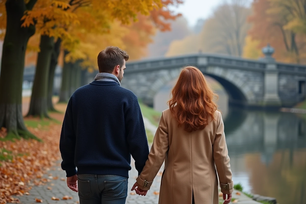 Couple Olivier Bossard et Alicia Dauby se promenant main dans la main le long d'un chemin de bord de rivière en automne