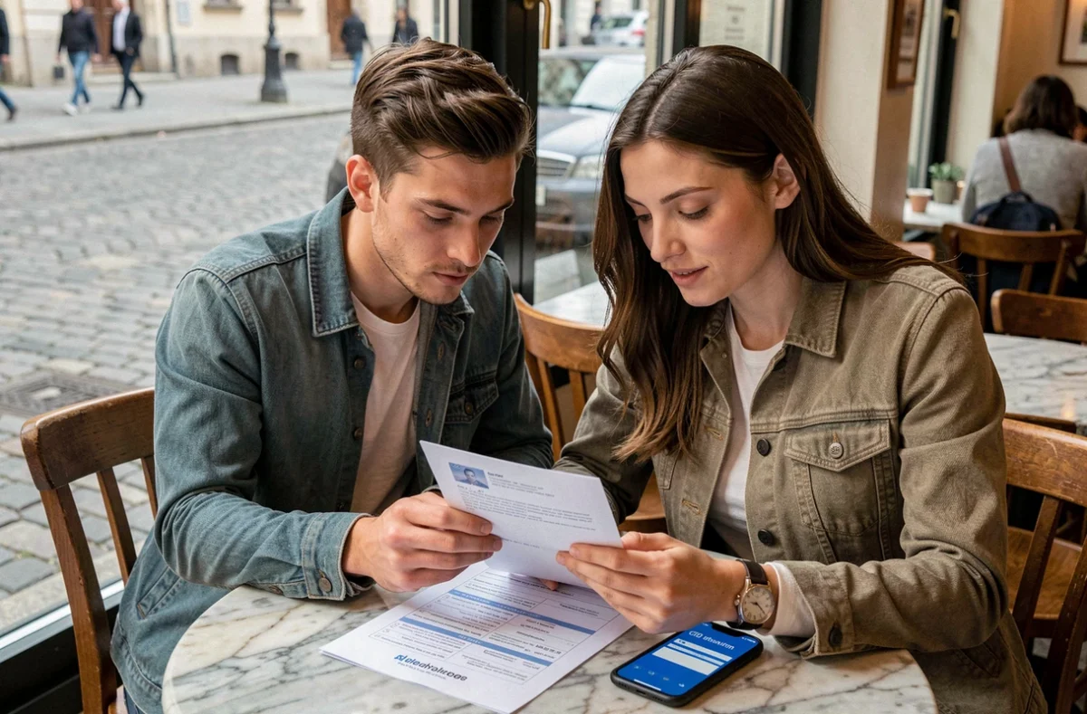 Couple de voyageurs consultant une liste administrative et un formulaire de visa dans un café