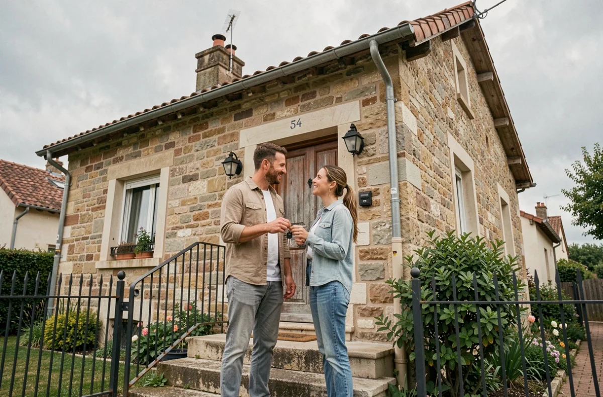 Couple de nouveaux propriétaires devant leur maison en pierre tenant des clés, symbolisant l'achat immobilier et l'assurance habitation