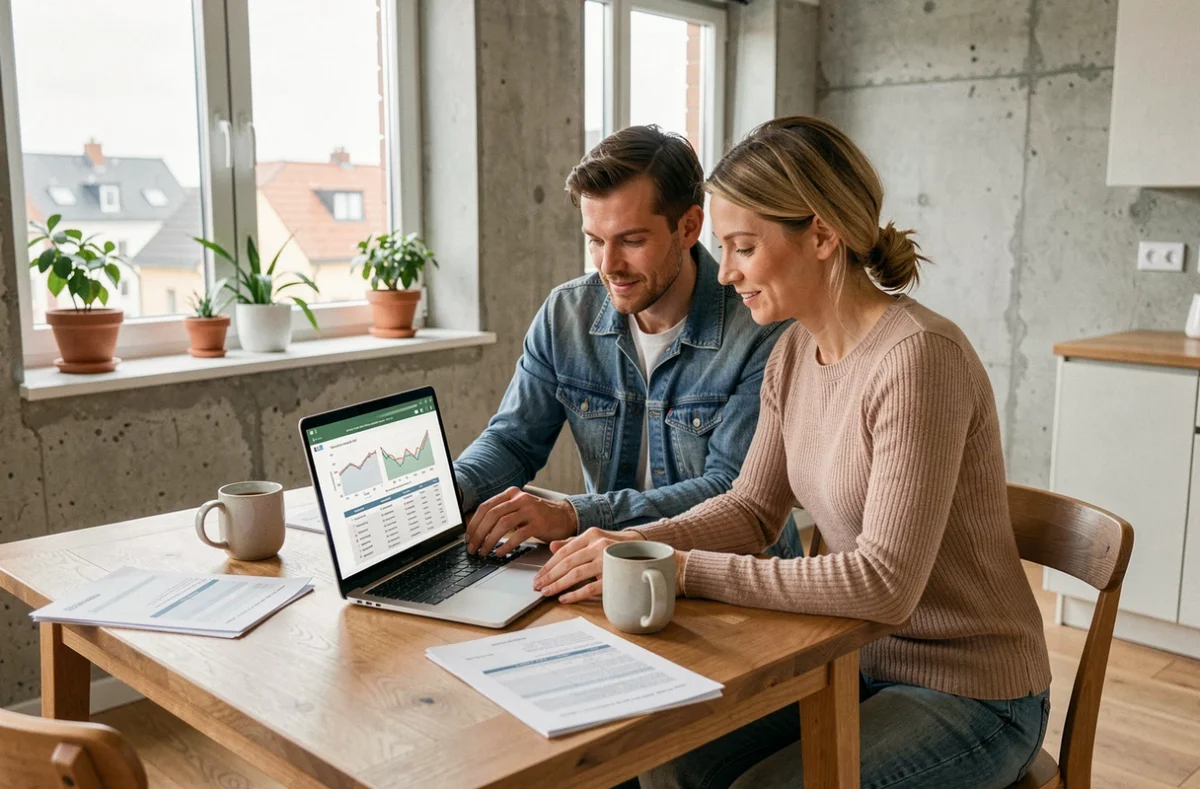 Couple étudiant des graphiques d'investissement immobilier sur un ordinateur portable dans un appartement moderne style scandinave
