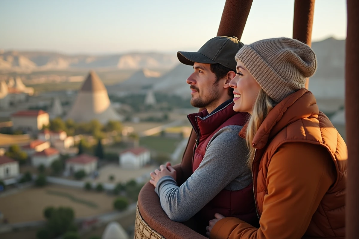Couple habillé en couches thermiques dans une nacelle de montgolfière au-dessus de la Cappadoce