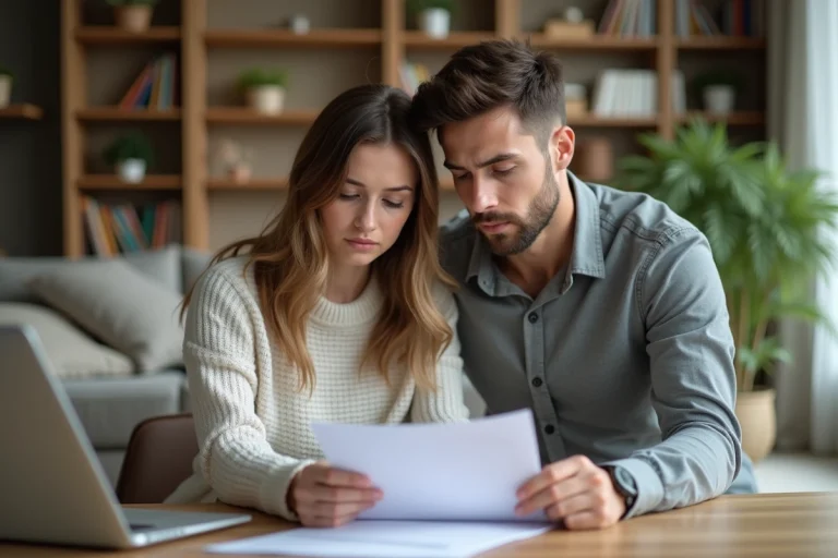 Jeune couple concentré sur documents à la maison