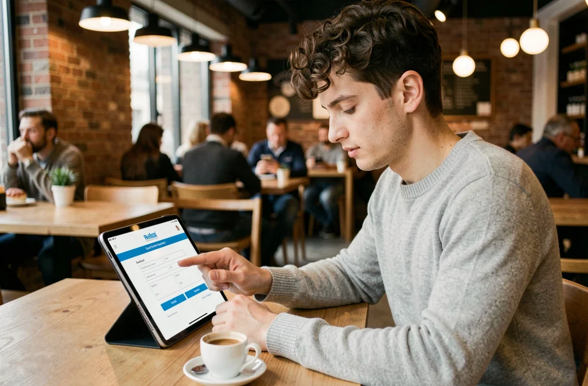 Jeune professionnel remplissant un formulaire de demande de devis alimentation en ligne sur une tablette dans un café