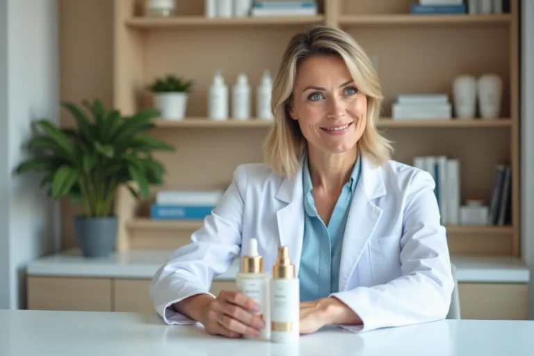 Dermatologue femme en consultation avec produits de soin