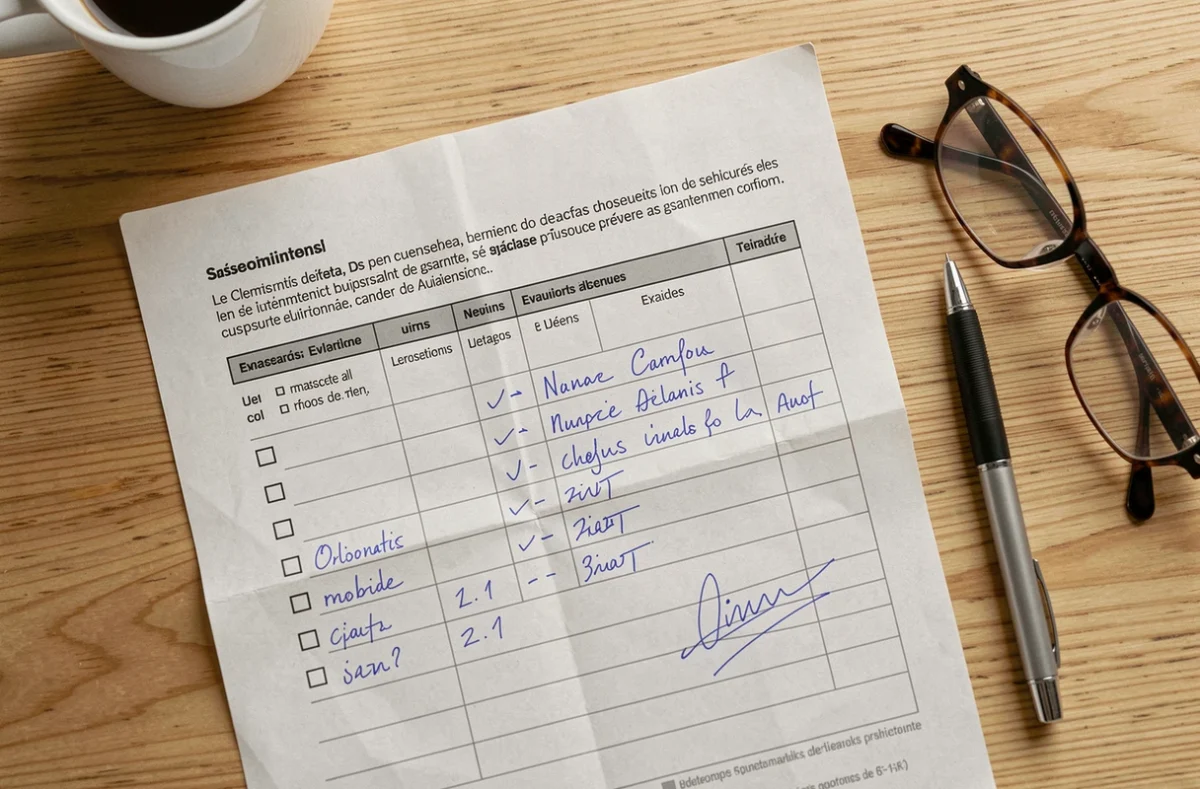 Document d'évaluation clinique en français avec annotations manuscrites sur un bureau en bois, stylo et lunettes de lecture