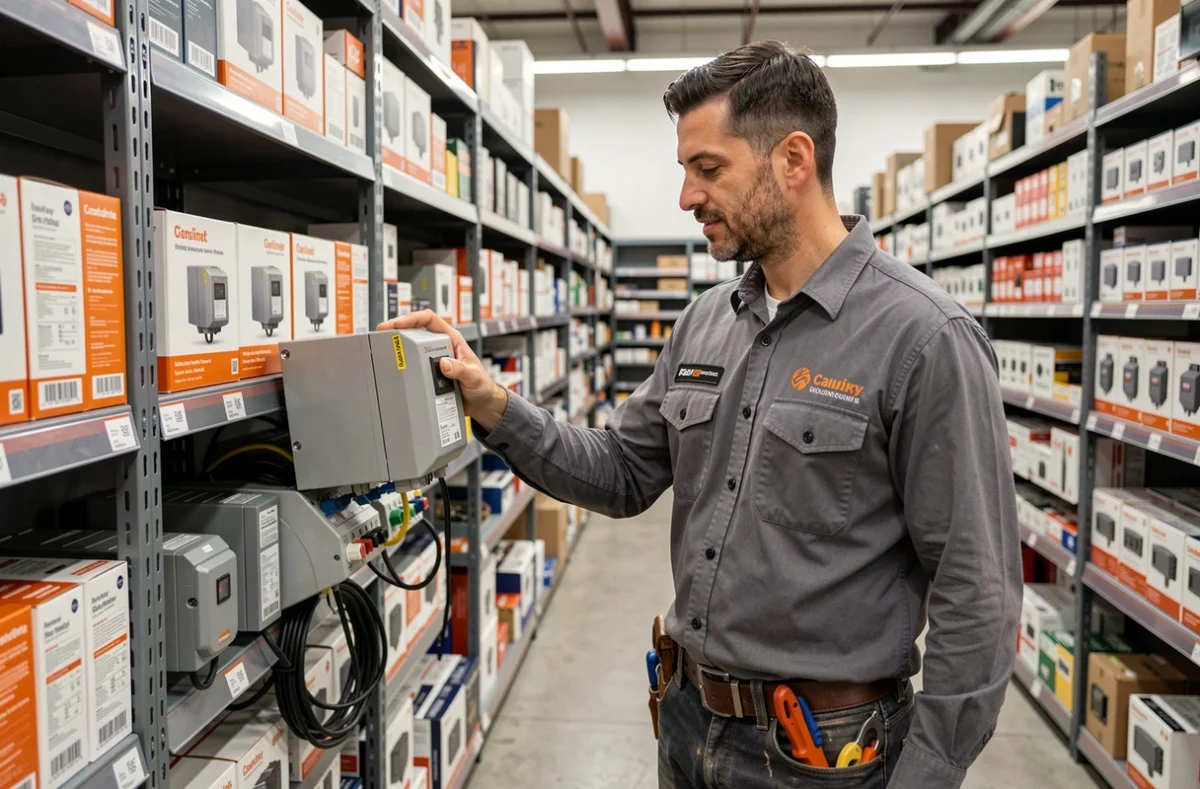 Électricien en magasin de fournitures électriques comparant les prix et les références d'alimentations industrielles