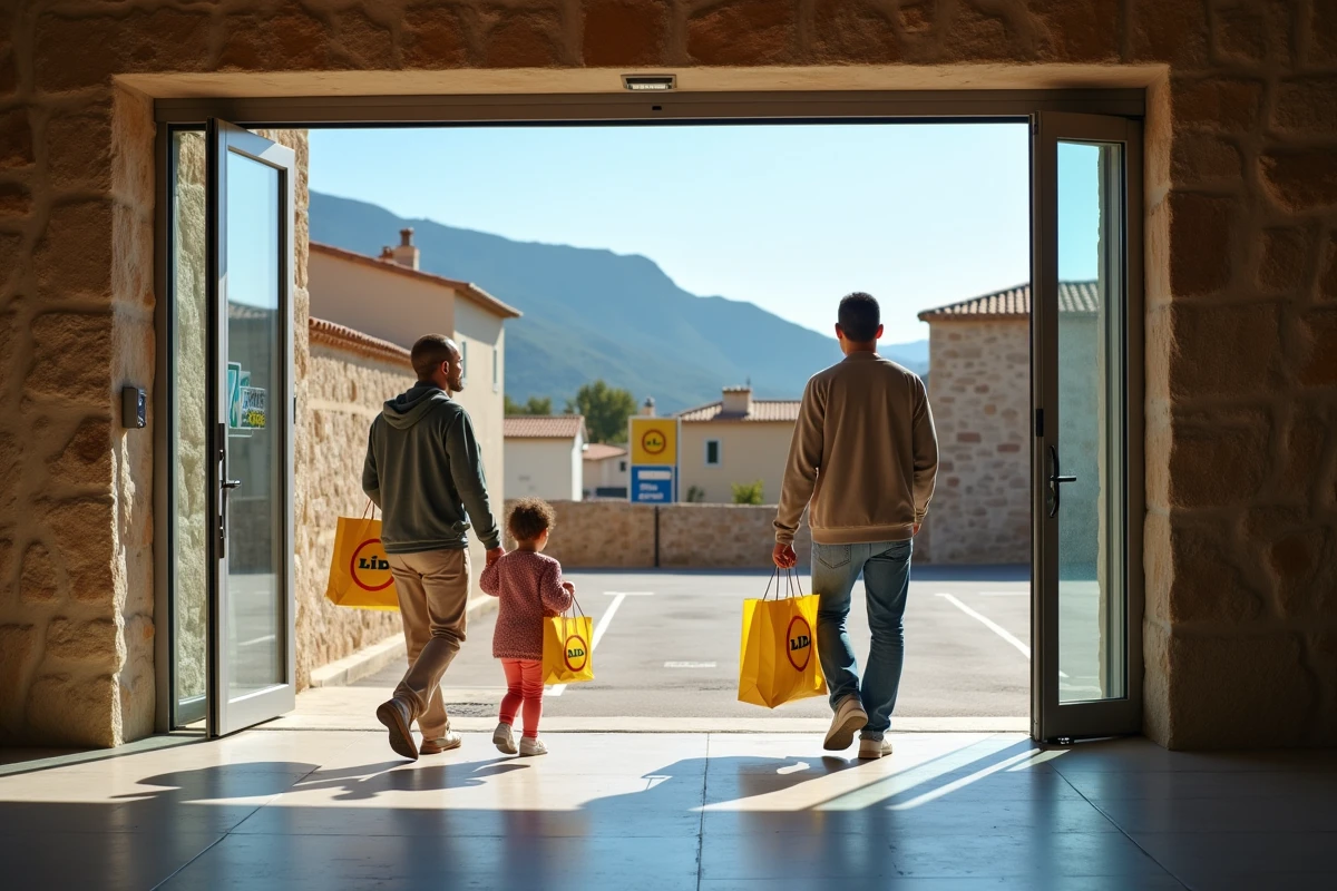 Entrée d'un magasin Lidl en Corse avec famille de clients et paysage montagneux en arrière-plan