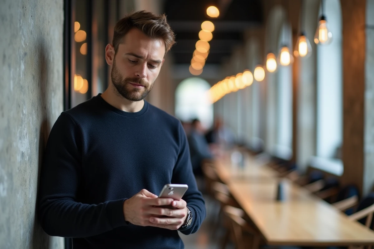 Entrepreneur français consultant l'application Rabbit Finder dans un espace de coworking à Lyon