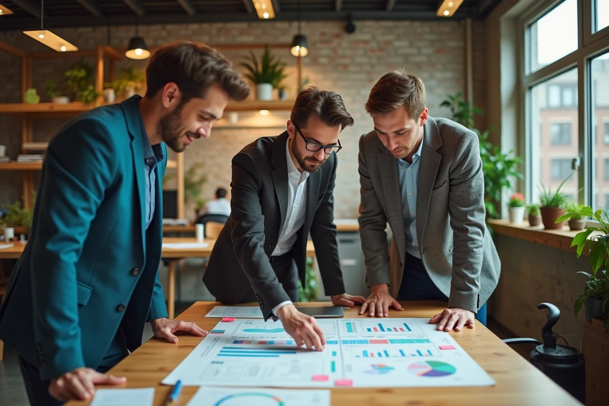 Équipe diversifiée collaborant sur une stratégie de développement durable dans un espace de coworking écoresponsable