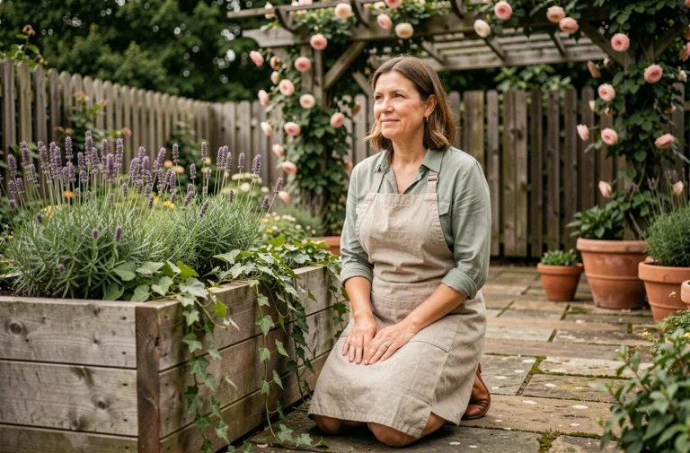 Femme aménageant un jardin potager surélevé en bois entouré de lavande et de plantes aromatiques sur une terrasse en pierre