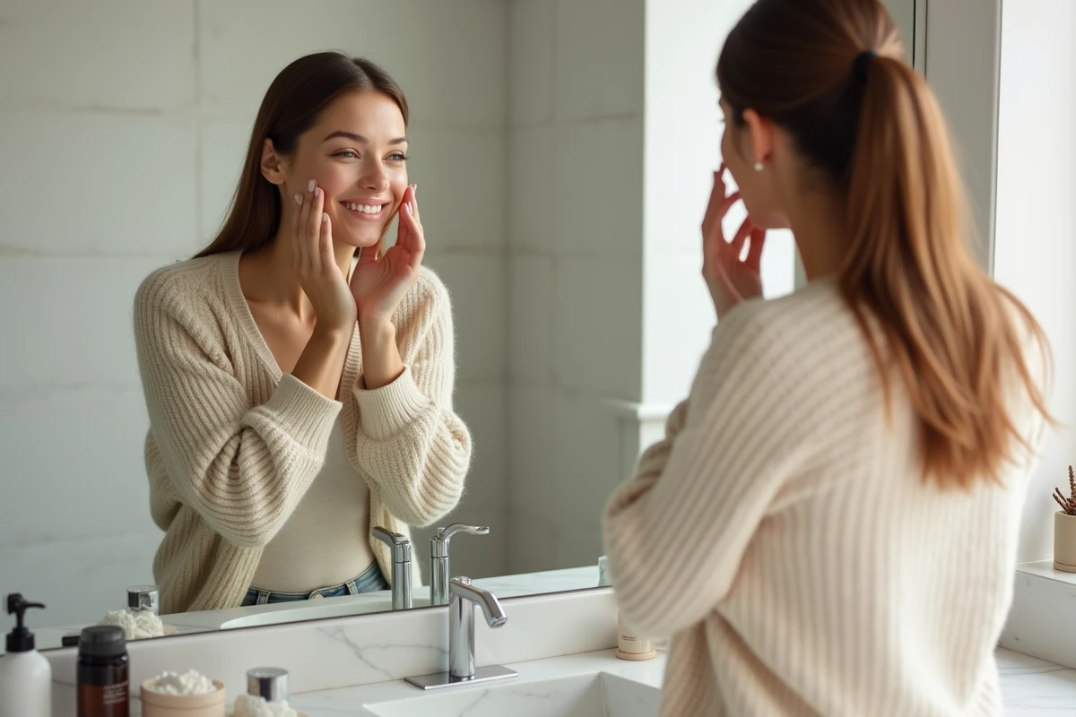 Jeune femme applique crème visage dans sa salle de bain