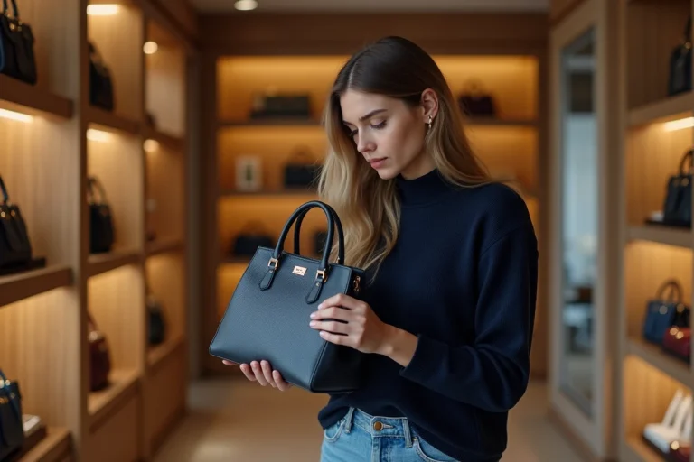 Femme examinant un sac à main de luxe dans une boutique élégante