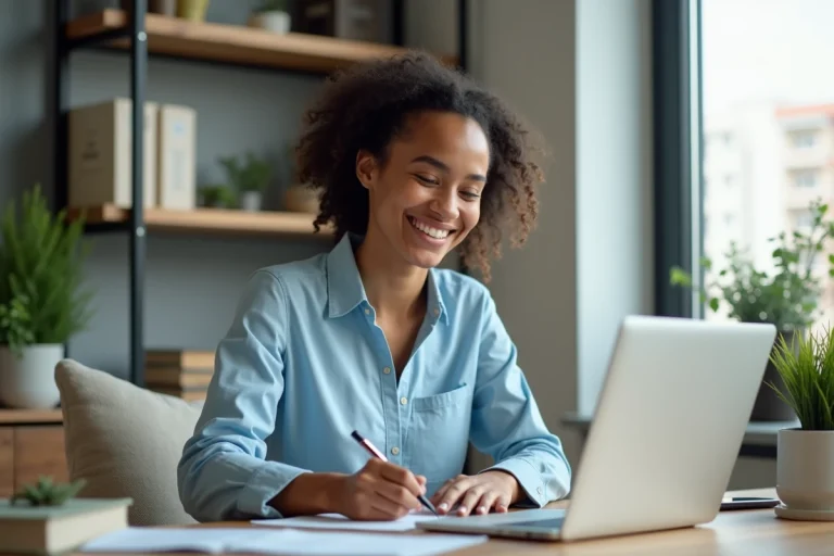 Jeune femme souriante dans un bureau à domicile