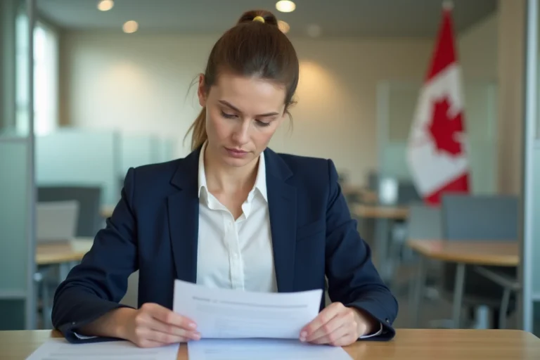 Femme canadienne consultant des documents officiels pour obtenir un permis de conduire international dans un bureau gouvernemental