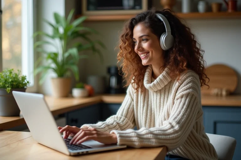 Femme souriante avec casque écoutant un podcast à la maison