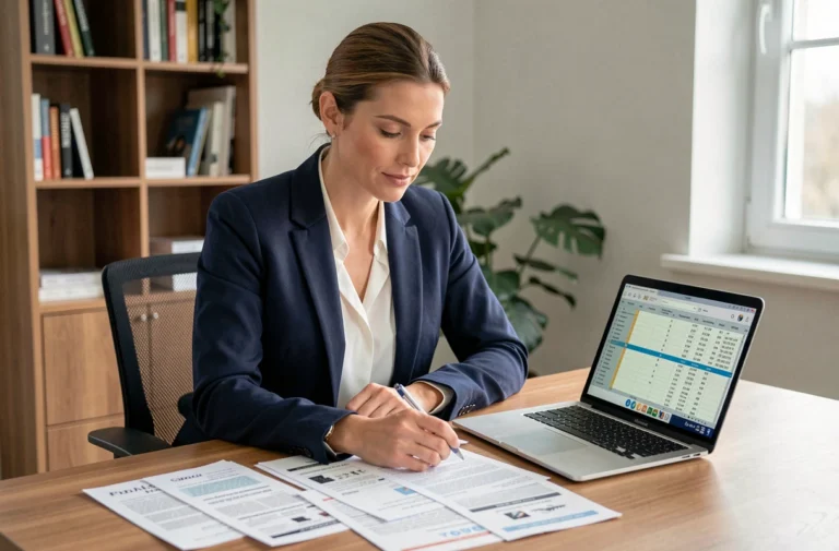 Femme consultant des devis alimentation électrique à son bureau avec un ordinateur portable et des documents imprimés pour comparer les prix