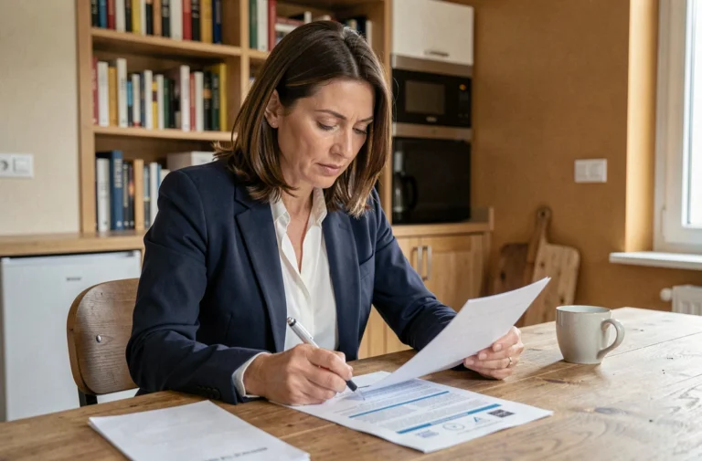 Femme examinant un contrat d'assurance immobilière à la table de sa cuisine dans un appartement moderne