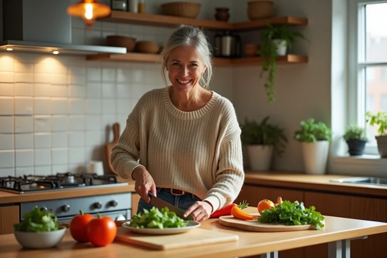 Femme préparant un stirfry de légumes dans la cuisine