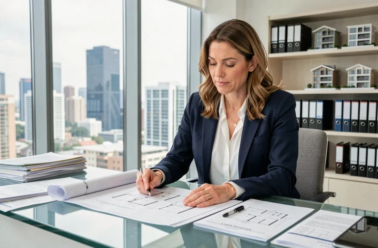 Femme investisseur immobilier analysant des plans et documents dans un bureau moderne avec vue sur la ville