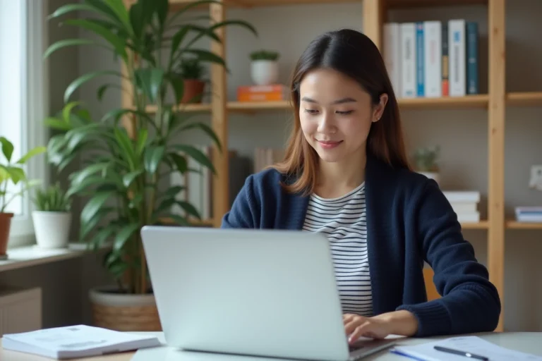 Jeune femme concentrée convertissant un PDF sur son ordinateur