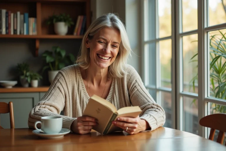Femme souriante lisant un roman dans un intérieur cosy