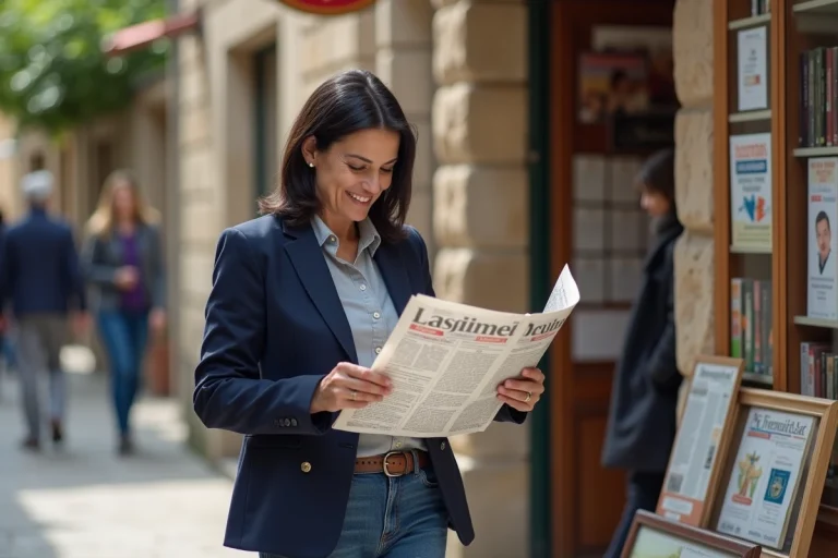 Femme française lisant un journal devant un kiosque de village
