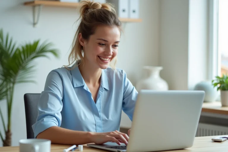 Femme consultant les options de paiement en plusieurs fois sur le site Opodo depuis un bureau à domicile