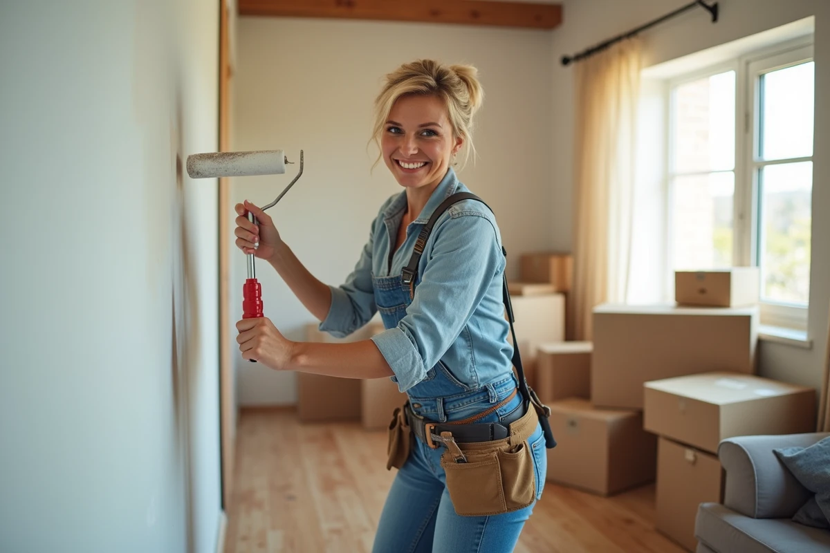 Femme peignant un mur dans un salon lumineux