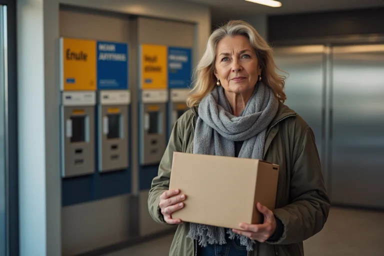 Femme d'âge moyen dans un bureau de poste moderne tenant un colis