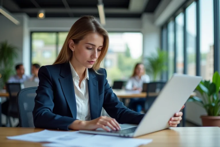 Femme professionnelle en pleine activité au bureau, illustrant le cumul emploi chômage