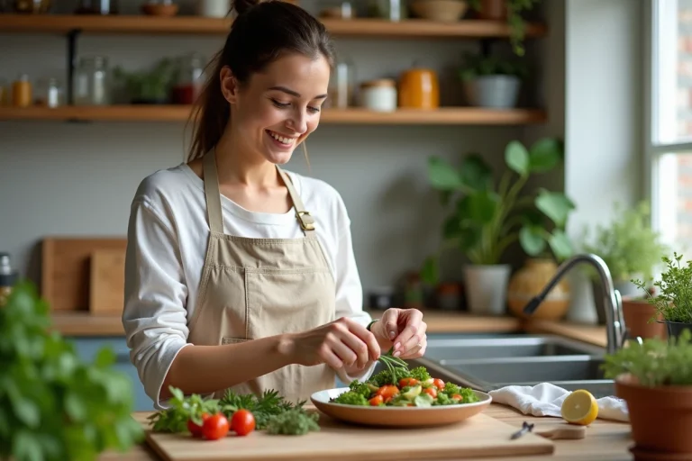 Femme garnissant une salade maison dans une cuisine lumineuse