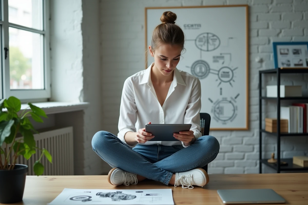 Jeune femme regardant un schéma numérique sur une tablette dans un bureau