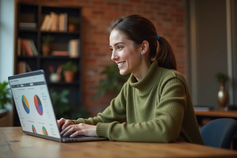 Jeune femme consultant les dernières tendances web sur son ordinateur portable dans un bureau moderne et chaleureux