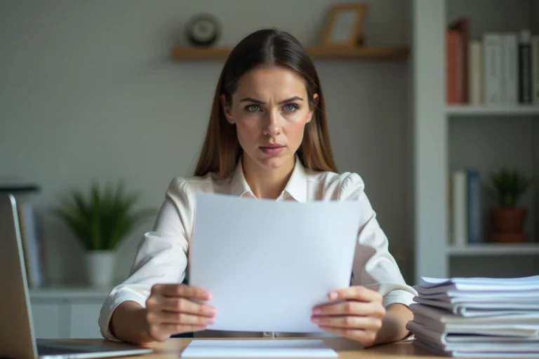 Femme en bureau à domicile tenant un document France Travail