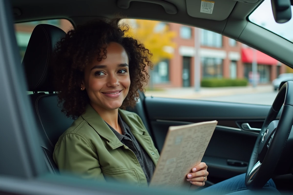 Jeune femme souriante tenant son permis de conduire international dans une voiture garée dans une rue canadienne en automne