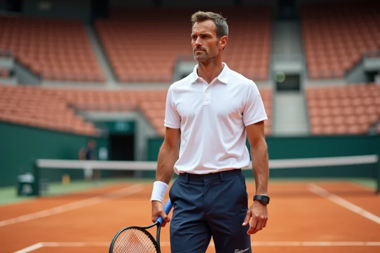 Joueur de tennis professionnel en tenue blanche sur un court en terre battue dans un grand stade européen, évoquant la carrière et la fortune de Novak Djokovic en 2025