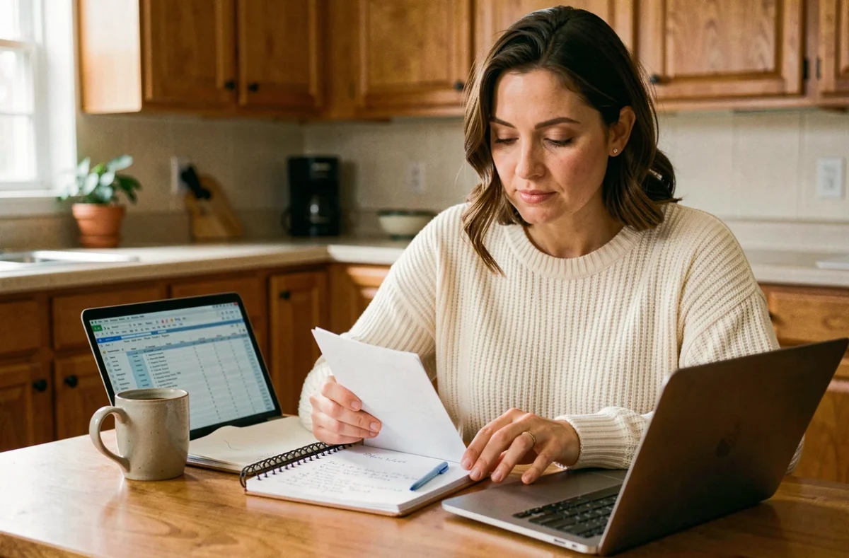 Femme consultant un budget personnel écrit à la main dans un carnet, assise à une table en bois avec un ordinateur portable ouvert sur un tableur de finances