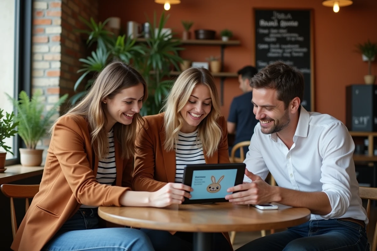 Groupe d'early adopters français discutant de l'outil Rabbit Finder autour d'une table dans un café branché de Bordeaux