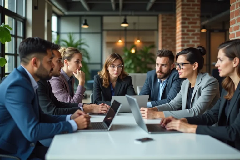 Groupe de professionnels en réunion dans un bureau moderne